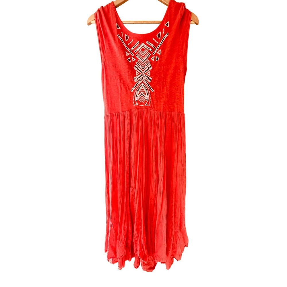 Free People Coral Orange Embroidered Eyelet Boho Midi Dress Sleeveless‎ Medium